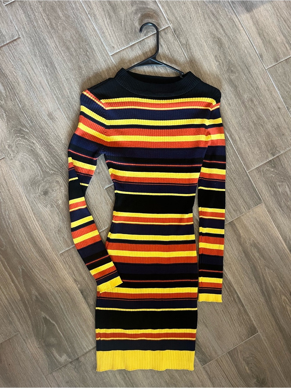 Say What? Long Sleeve Striped Ribbed Dress in Black, Yellow & Orange